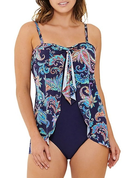 Go confidently into the waves in deep sophistication in this Medallion Paisley Flyaway Bandeau One Piece! The luxuriously soft fabric provides a smooth fit, with minimized hips and a stay-put bandeau silhouette -- plus customizable look with the removable straps. Not to mention, the high cut leg and flyaway overlay give a confident and elegant finish to your exclusive look!