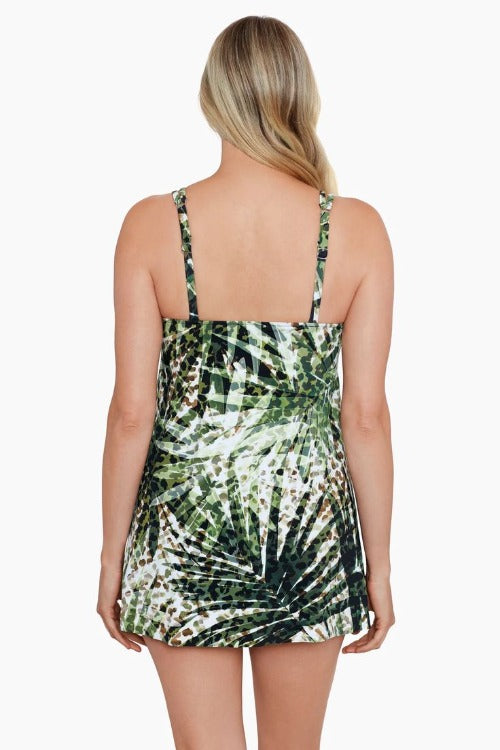 Pleated-overlay making this sweet and flowing to compliment all shapes. Mid-thigh length and adjustable straps to fit you perfectly. The front pleats and modern green leaf design make this swimdress appear to have walked right off the runway. We love this ultra fashionable take on a modest one piece.   Best suited for an A-D cup and average torso sorry long torso ladies this will fit a little short.
