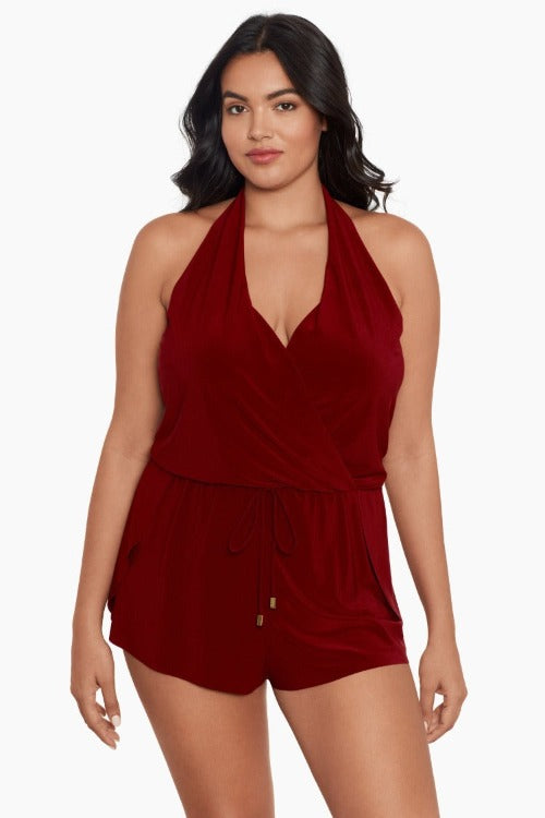 Step into the summer with a statement-making look - the Bianca Curve Swim Romper! This sophisticated one-piece features a plunging v-neck, halter straps, and a tie at the waist for a comfy and chic fit. Plus, it packs an extra punch with a built-in soft cup bra for up to a D-Cup and a wide leg cut to flatter those curves. So go on, make a splash and have the time of your life!