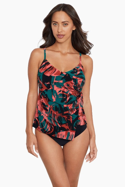 Make a splash with the Magicsuit Livin Lush Carma Tankini Set! This timeless swimwear offers the perfect blend of control, support, and classic elegance with an orange, green & black combo, removable soft cup padding, and wireless bra support for up to a D-Cup. Beach ready? You betcha!