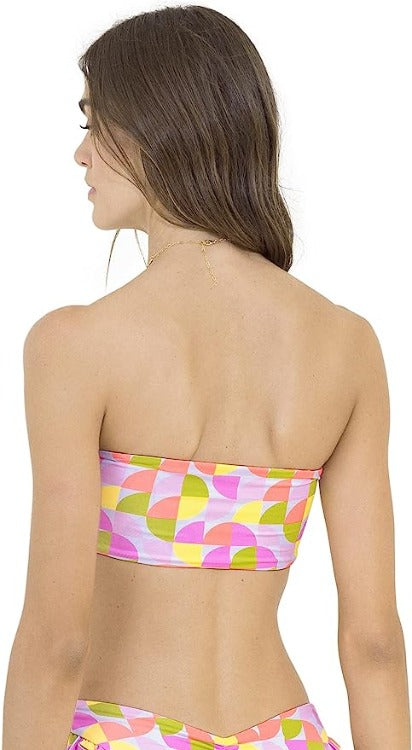 Maaji's flattering Simple Seventies Kona Strapless Bandeau Bikini is just what you need for summer! It features a fully reversible design with low support, removable soft cups, removable straps, and side support boning. The Voyage Frill bottoms come in a mid rise, cheeky cut with cute ruffle details.  This is an eco conscience brand reverse pattern may vary.