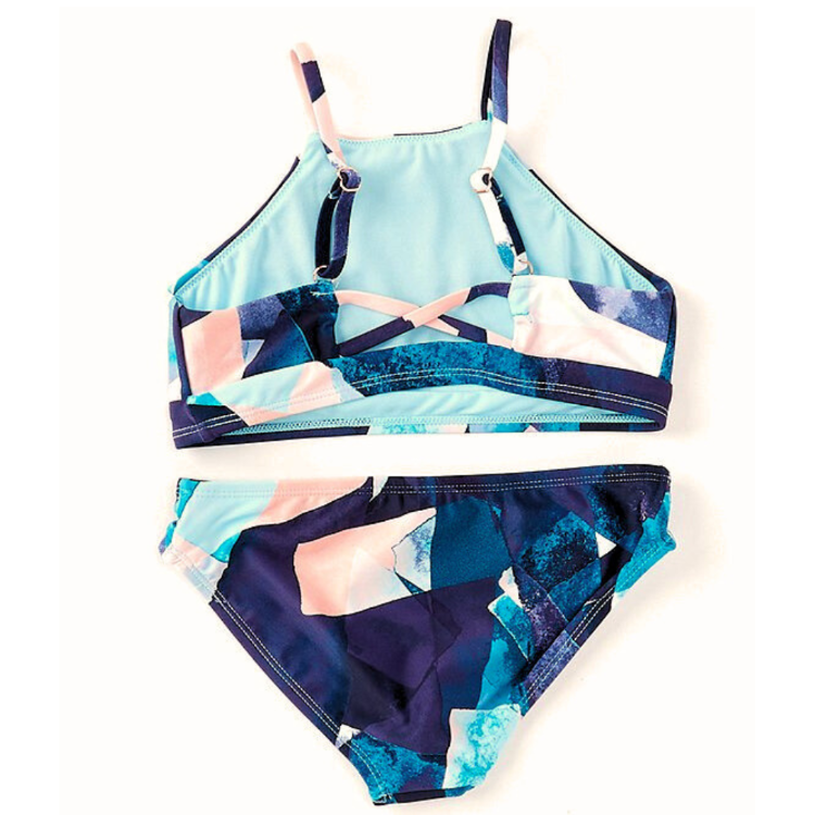 Head for the beach in style with this Raisins Girls Crossroads Bikini Set! Its unique halter top and crossover back detail are sure to turn heads, and its adjustable straps and full seat coverage mean you can have your fun in complete comfort. Get ready for a sizzling summer - your girl has the look!    J740821