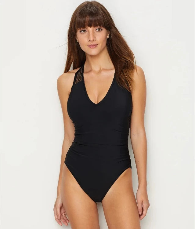 Make a splash in the Dont Mesh Me One Piece! Featuring a deep V-neckline, chic mesh insets, racerback, front shirring, removable soft cups, and tummy control - you'll feel totally confident and look so fly peeping through the waves. Don't forget that jersey fabric and bottom coverage for the perfect fit - talk about a win-win!
