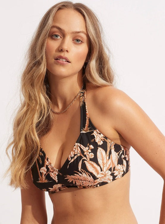  Seafolly Castaway F Cup Halter High Waist Bikini  STYLE: 31160F-980-BLACK  Bon Voyage! You'll wish you were a castaway in this gorgeous two piece. The up to F-Cup top supports a full bust with a flattering underwire cross back halter while the high waist side paneled bottoms offer supportive tummy contol in a flattering cut. The Castaway desing in a fun take on an almost black bikini. 