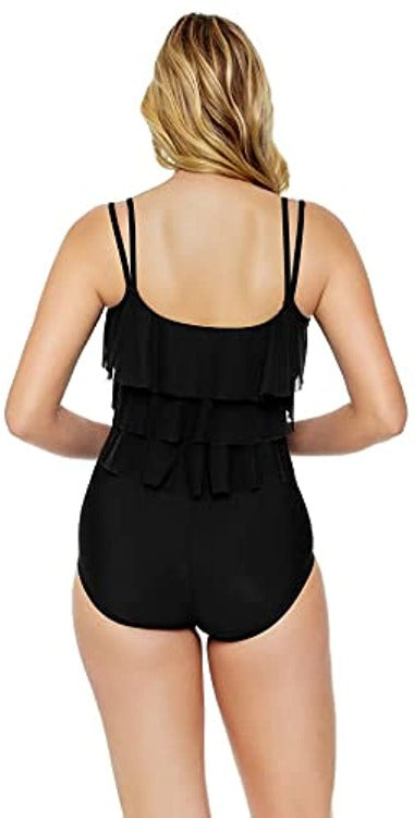 The Penbrooke Triple Ruffle One Piece is equipped with a three-tiered ruffle design crafted from breathable mesh fabric, a split strap construction allowing for a comfortable fit, and a classic conservative coverage silhouette. Includes A shelf bar support and fixed soft cups.