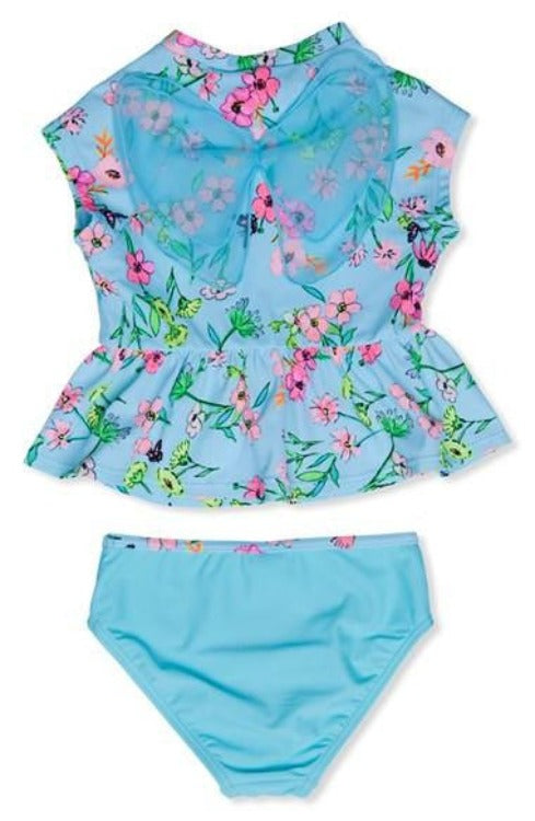 Adorably cute kiddie swimwear! This toddler two-piece has a ruffled waist and sparkly fairy wings. Mesh fabric in the back with wings for extra fun. UPF 50+ protection and a frill detail on the rashguard - magical!