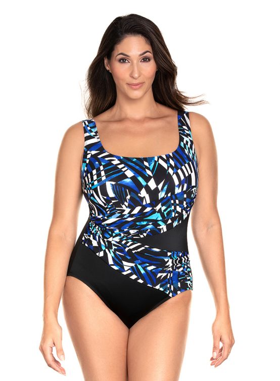 Turn heads at the pool in the Digital Cortex Sash Front One Piece! Show off your curves in this ultra flattering, asymmetrical patterned suit, with its stunning blue and white abstract design cascading from the scoop neck chest line down to a black bottom with a sculpting drape effect. Plus, feel comfy and supported with a soft cup bra and fixed straps, and a scoop back for a stylish fin-ish! Dive in!