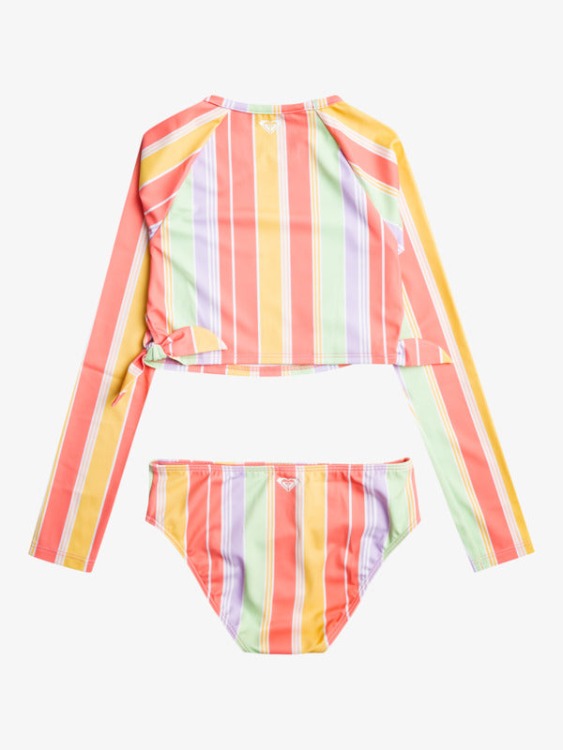 Dive into splashy fun in this long sleeve crop top rashguard set! Featuring pink stripes and a bow accent for sun protection, this comfy, chlorine resistant set includes a top with stylish side ties and a mid-rise bottom. Made of recycled stretchy performance fabric, it's perfect for beach or pool days.