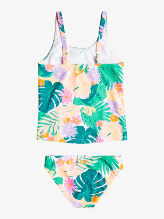 Stretchy, chlorine-resistant fabric in an earthy hue and a tankini set make the ROXY Paradisiac Island Girl's 2-7 Tankini stylish & comfy. Score bigtime! Fixed closure, full coverage, adjustable straps & a back logo.