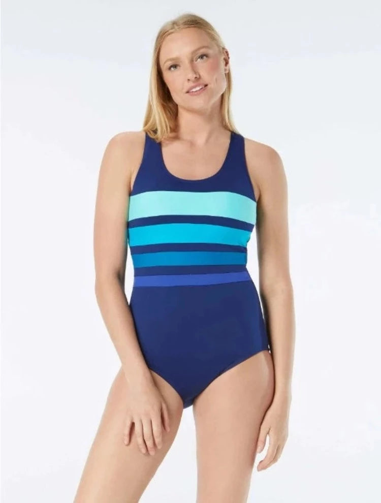 A classic black one piece with color blocking stripes, the Gabar Chlorine Resistant Scoop Neck One Piece features a scoop neckline, open back, and tummy control design for a slimming, confidence-boosting look. With a stay-put leg and high neckline, plus Hydrofinity fabric that is chlorine resistant for 300+ hours, breathable, and provides UPF 50+ protection, it's perfect for all your activities. Removable soft cups and a silicone strip offer added support.