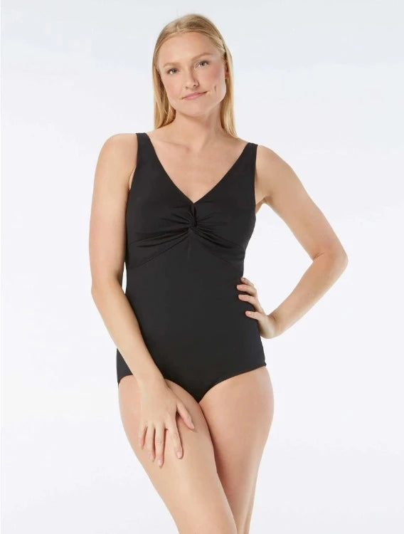 Make a splash with the Gabar Chlorine Resistant Twist Front All Print One Piece Swimsuit in classic black. Neckline adds oomph to 'assets'; center shirring & tummy control panel give a slim, cute look. Stay put leg feature ensures bikini stays put during aquatic activities. Exclusive Hydrofinity fabric is chlorine-resistant for 300+ hrs, breathable, quick-drying, & UPF 50+ protection. Tummy control panel smoothens curves; removable soft cups; adjustable straps; gripped silicone for conservative fit.